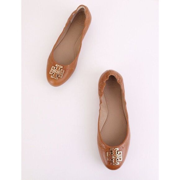 NIB Tory Burch MELINDA Ballet Flats Tumbled Leather in Royal Tan/ Gold in 7.5 - Picture 2 of 11